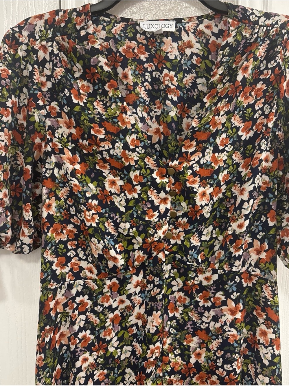 Luxology Navy Floral V-Neck Women’s Dress - Rust & White Floral
